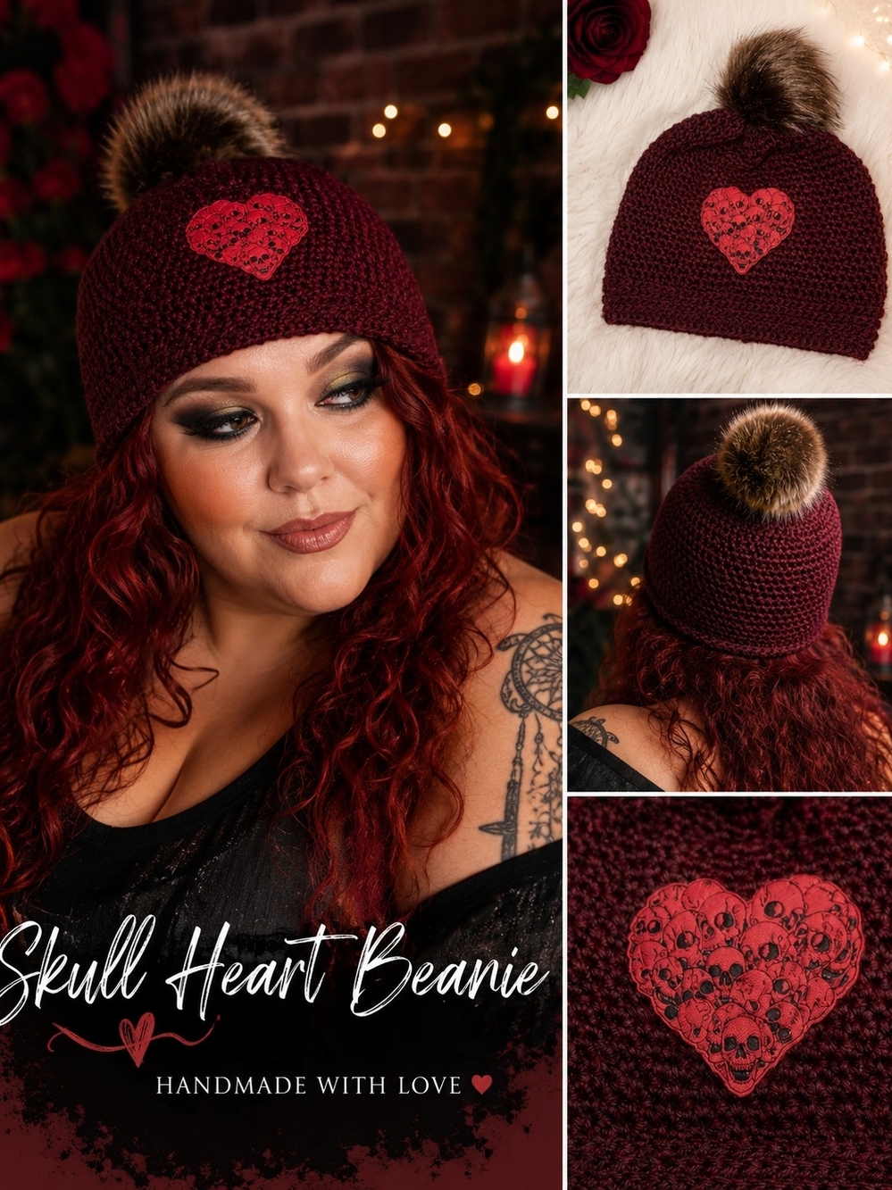 Skull Heart Beanie - Burgundy Pom Pom Hat